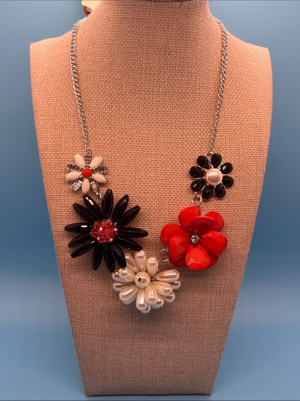 Erica Lyons Red, Black & Pearl Floral Statement Necklace